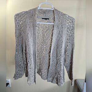 Eileen Fisher Cardigan Sweater Gray Medium Open Knit Sequin Italian Yarn